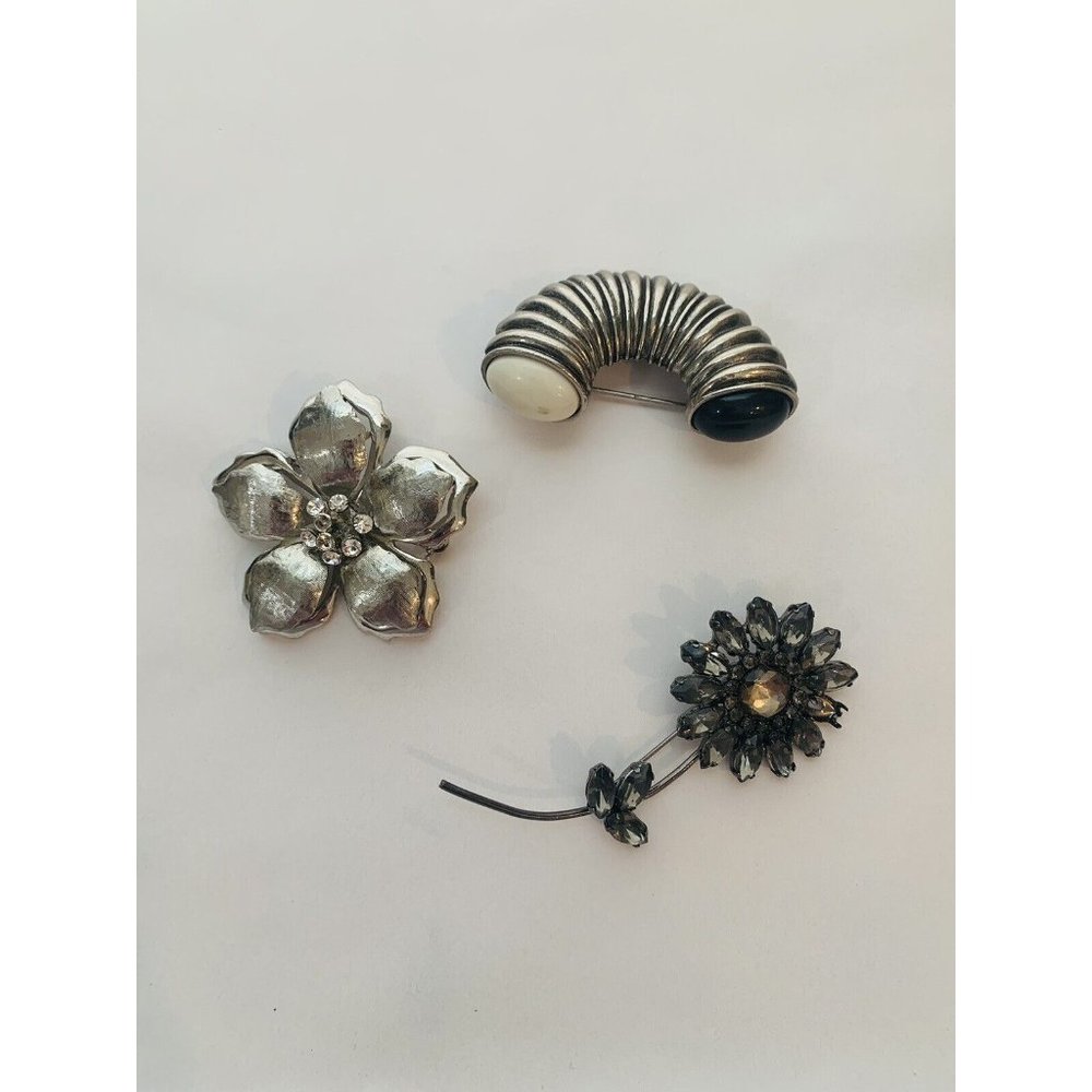Lot Of 3 Vtg FLORAL RHINESTONE Brooch Dark Silver. Unique. Read Description.